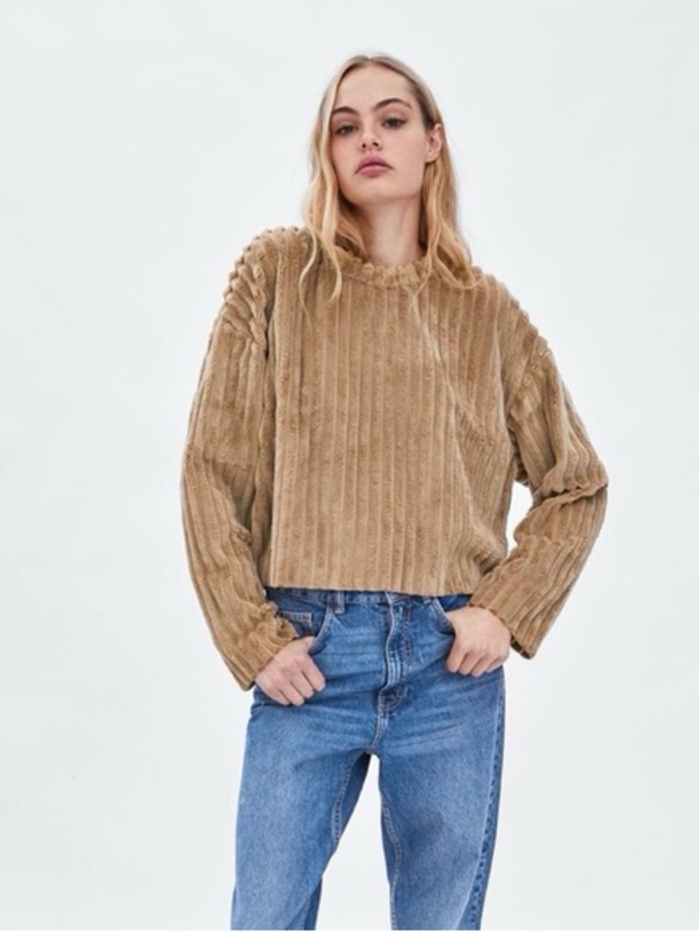 Zara Ribbed Plush Cropped Crewneck Sweater Camel Tan Size S